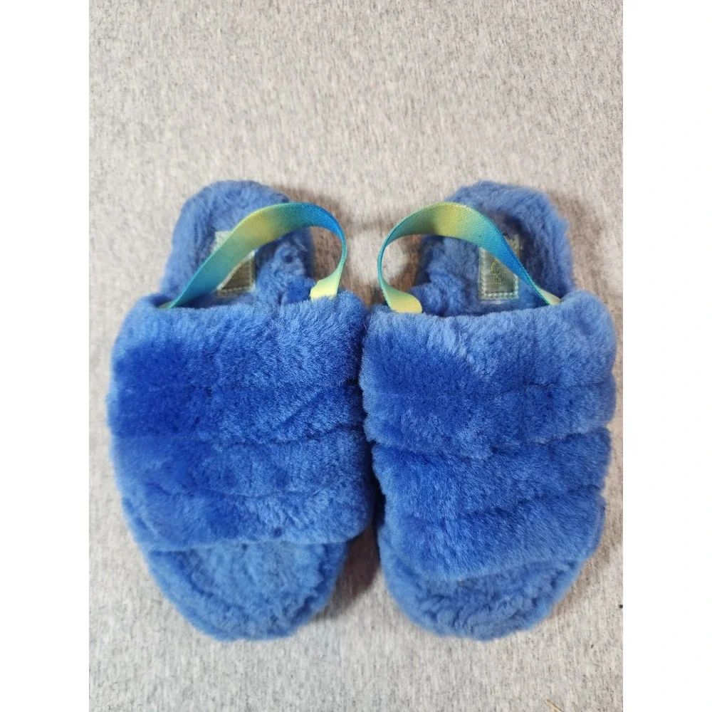 UGG Fluff Yeah Slides Kids Size 2 Blue Elastic Slingback Sheepskin Sandals